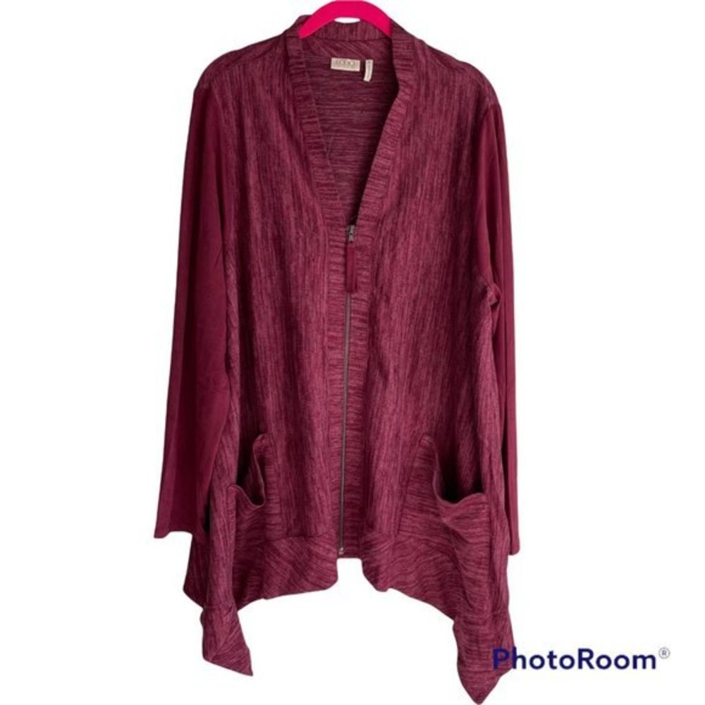 LOGO by Lori Goldstein Maroon Zip Womens Casual Cardigan Microsuede Sleeves, XL‎